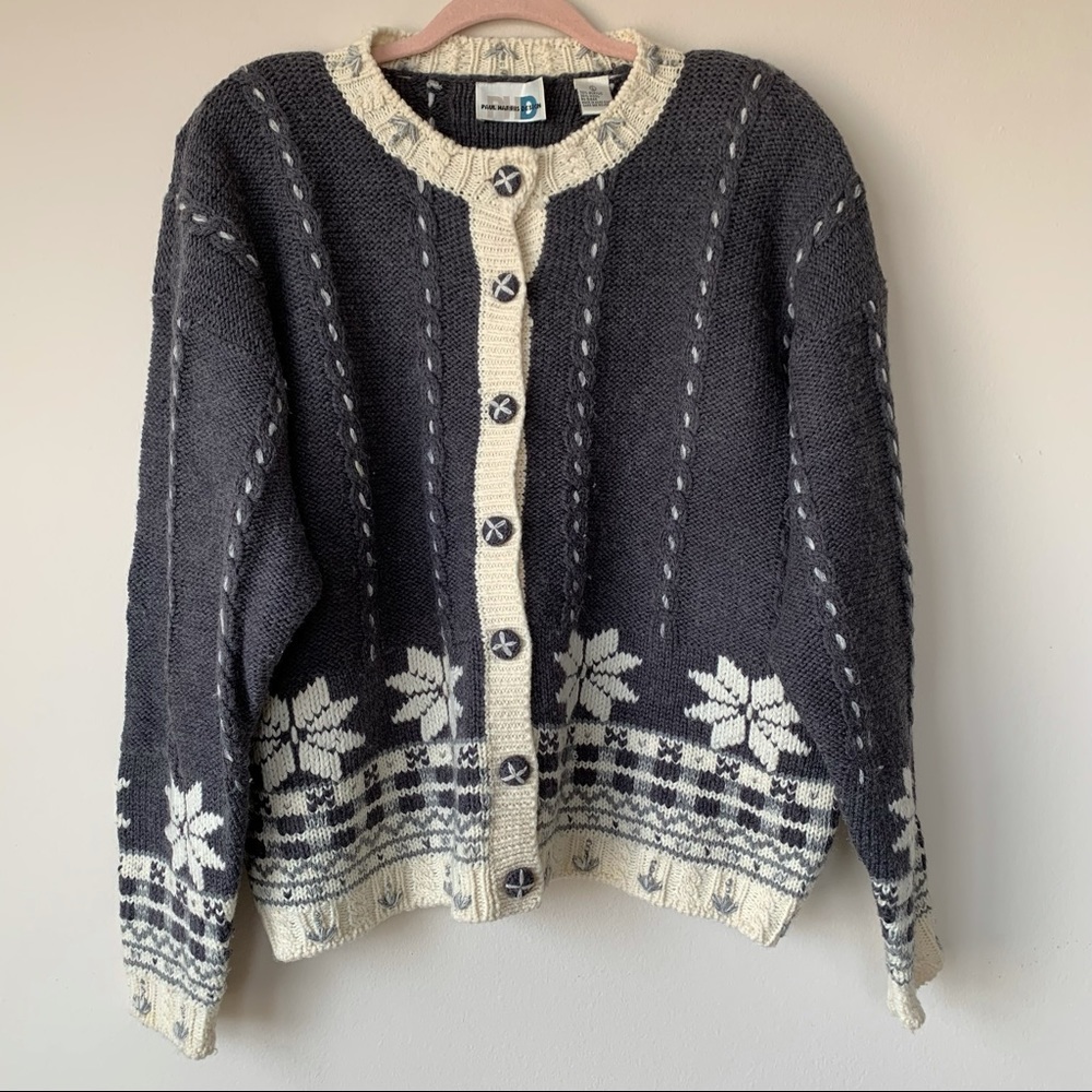 Paul Harris Design Vintage Wool Blend Cardigan Snowflake Pattern Gray Size Large